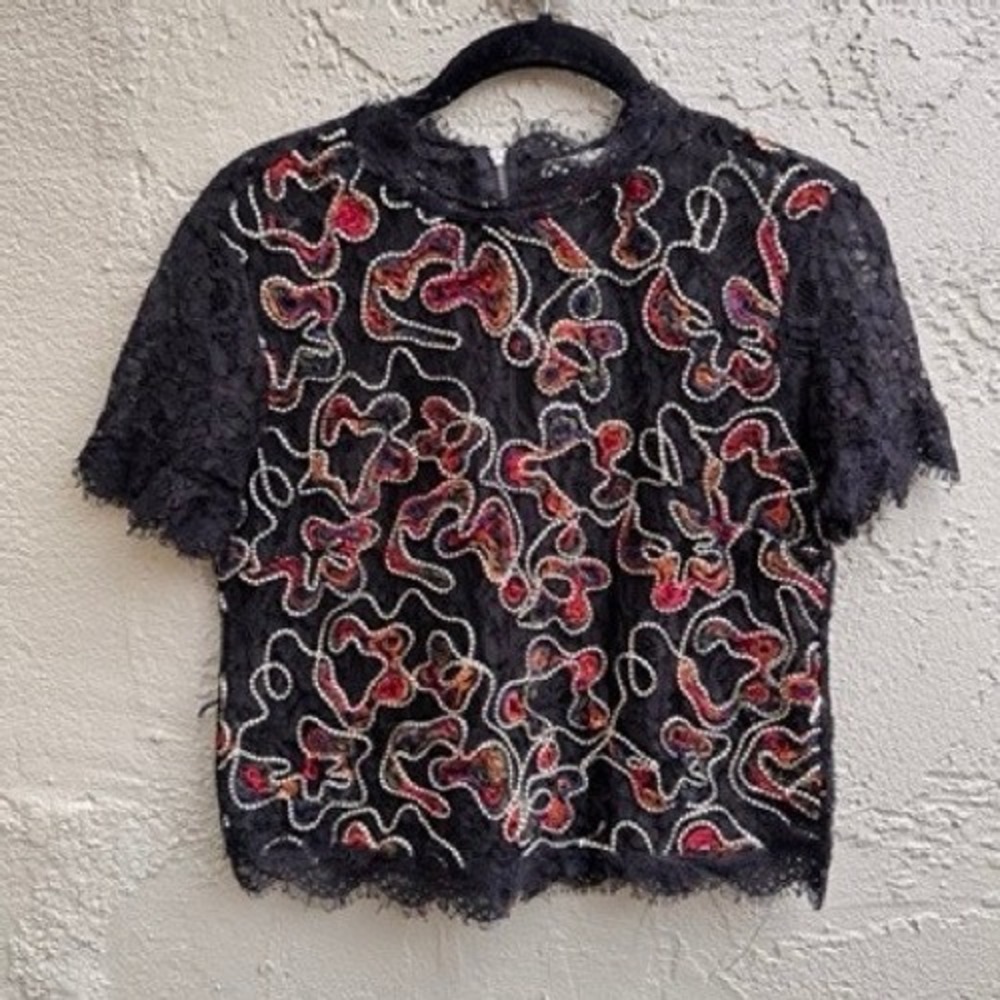 Zara Trafaluc Black Lace Floral Crop Top Med Embroidered Boho Whimsigoth